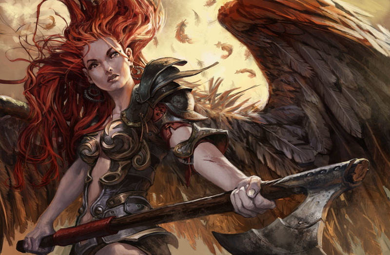 Red Hair, Magic: The Gathering, Axe, 1080P, Angel, Game, Angel Warrior, Wings, Armor