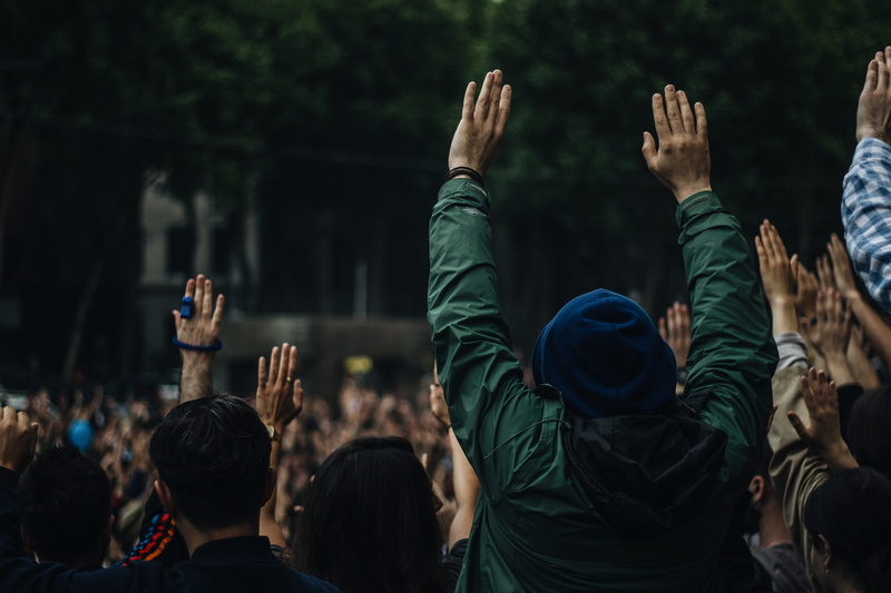 arts culture and entertainment, event, raising, music festival, focus on foreground, apparel, real people, concert, daytime, head, tree, enjoyment, person