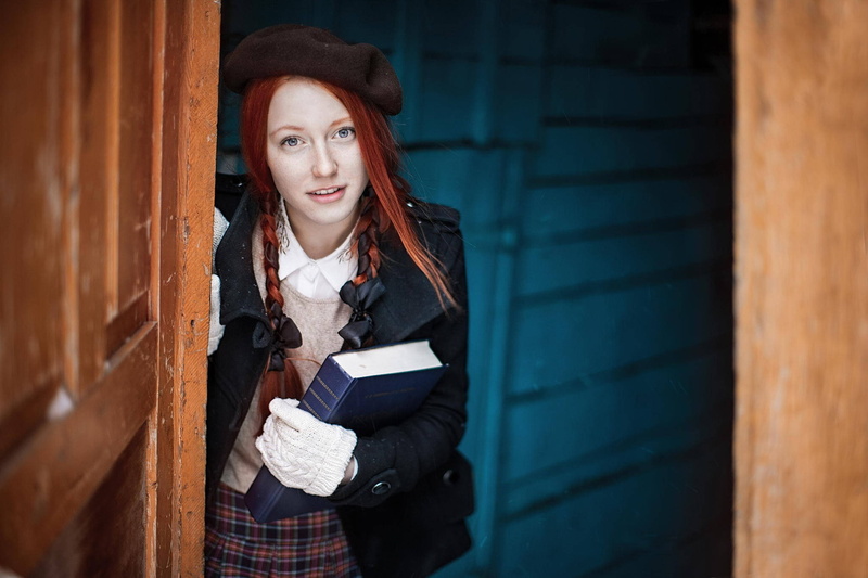 smiling, 2048x1365, 1080P, girl, redhead, book, portrait