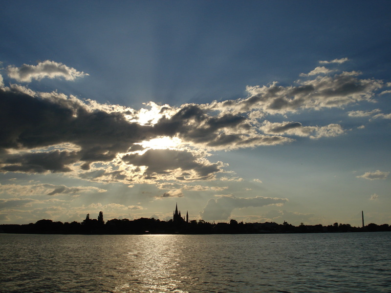 back light, waterfront, sea, silhouette, church, sunset, summer, city, building, reflection, tranquility, Lake, sky, beauty in nature, river, 2K, gewitterstimmung