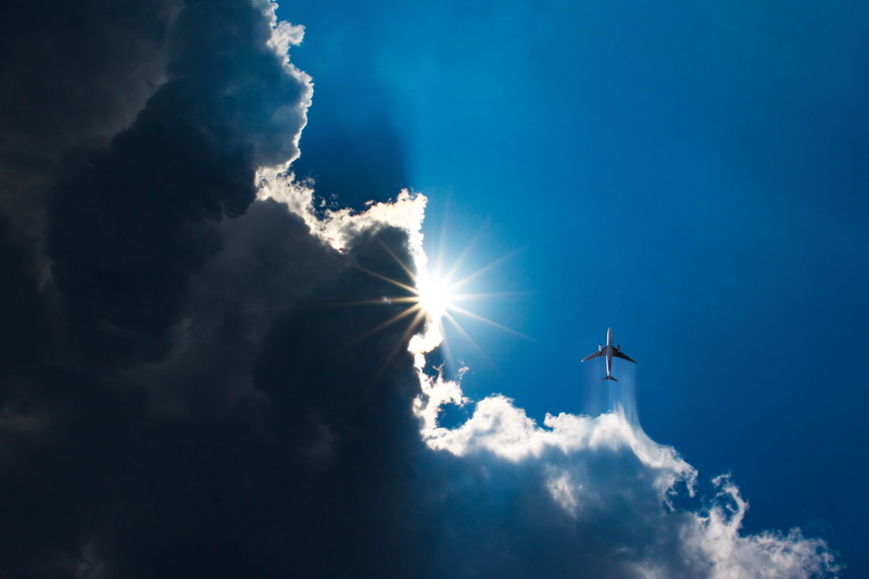 tranquility, aircraft, scenics - nature, gewitterstimmung, blue, nature, back lit, outdoors, 5K, spirituality, aviation, cloudscape, dark clouds, no people