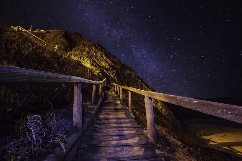 star, 2048x1365, wooden, brown, star trails, nature, 1080P, night, trails, bridge