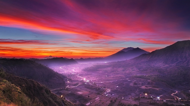 nature, Indonesia, valley, clouds, landscape, sky, mountains, mist, lights, village, sunset, 1080P, pink