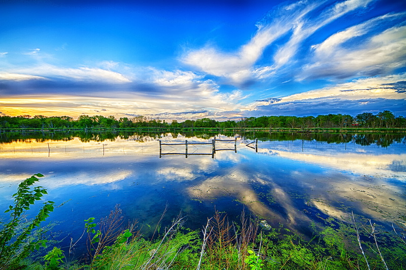 daytime, summer, Lawrence, Kansas, overlooking, water, sky, sunset, reflection, body, landscape, trees, Baker Wetlands, calm, body of water, 4K, cloudy