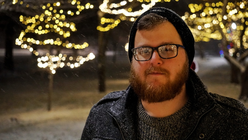 tree, lawrence, beard, winter, 5K, united states, contemplation, glasses, lights, downtown, kansas, portrait, snow, adult, men, christmas, holiday, young men