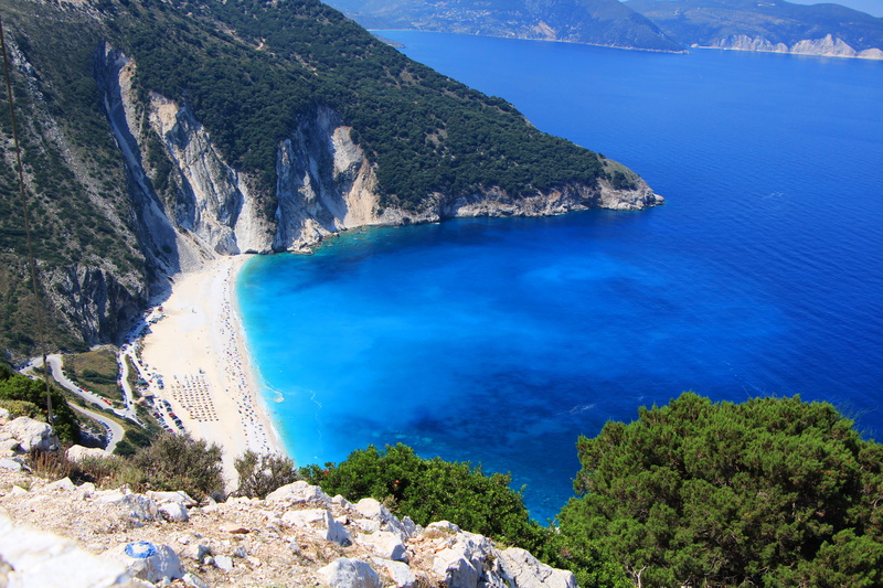 tranquility, land, turquoise colored, mountain, rock - object, sea, volcanic crater, bay, outdoors, no people, high angle view, idyllic, solid, tranquil scene