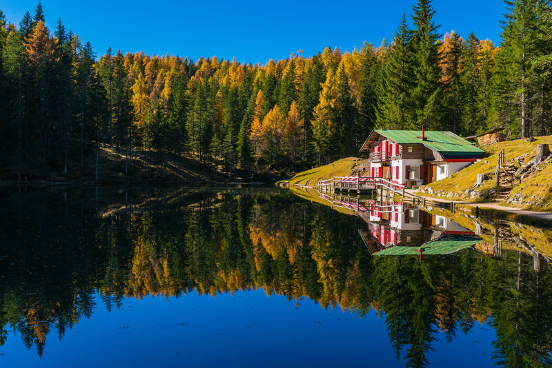 pine woodland, built structure, tranquility, tranquil scene, sky, no people, tree, forest, river, mountain, landscape, placid, nature, beauty In Nature