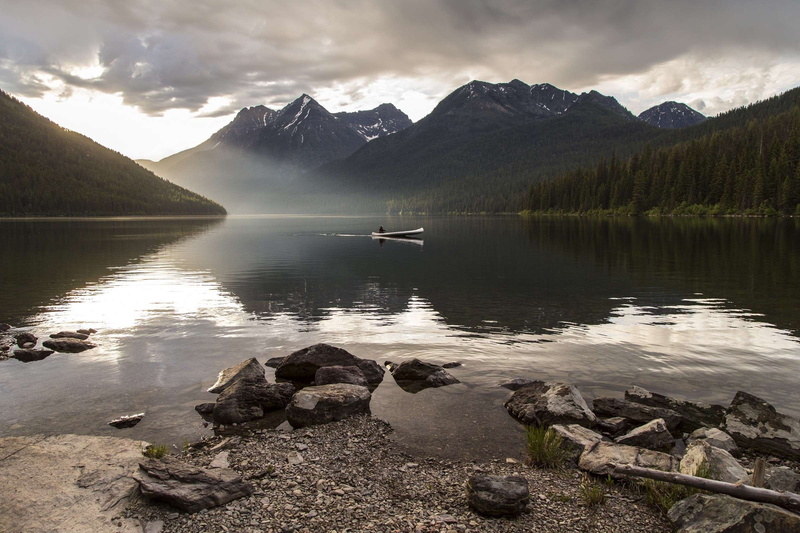 dawn, clouds, mountain, nature, forest, scenic, 1080P, valley, placid, boat, water, alpine, rocks, daylight, rock, travel, tranquility, mode of transportation