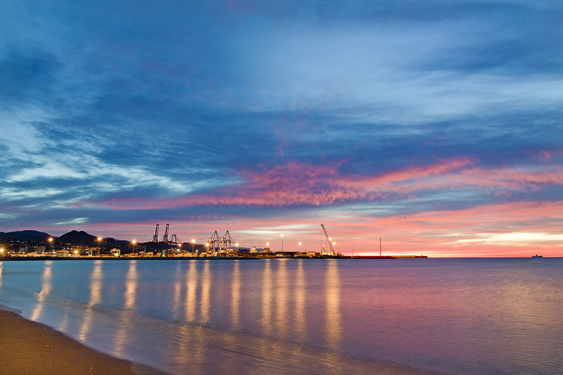 cloud - sky, waterfront, pier, scenics - nature, built structure, spain, málaga, huelin, sky, tranquil scene, architecture, nature, reflection, sunset