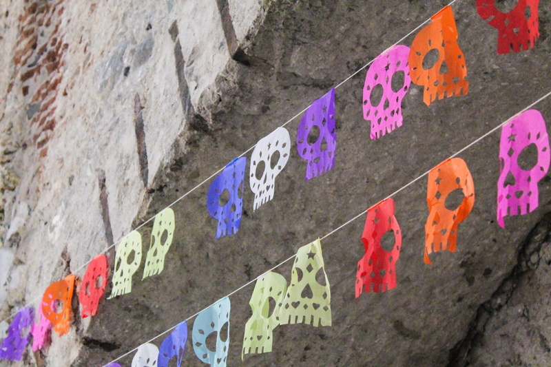 colorful, tradition, low angle view, no people, built structure, wall, dia de los muertos, decoration, dia de muertos, text, papel picado, building exterior