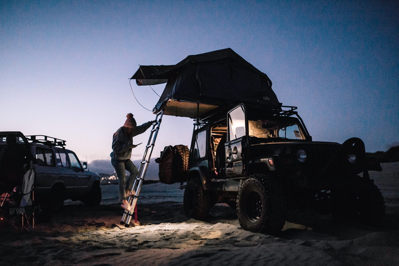 pismo state beach, motor vehicle, transportation, person, people, jeep, one person, tent camping, real people, oceano, tent on jeep, vehicle, human, day
