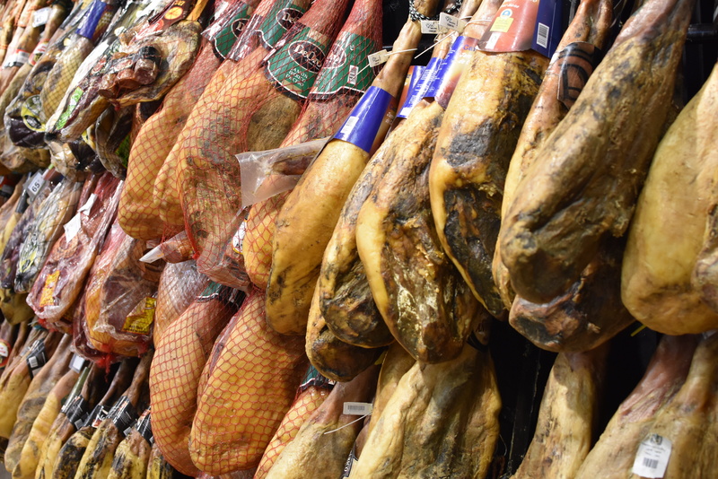 for sale, dried ham, no people, pata negra, serrano ham, still life, retail display, food and drink, Meat, choice, dried meat, full frame, abundance, Food