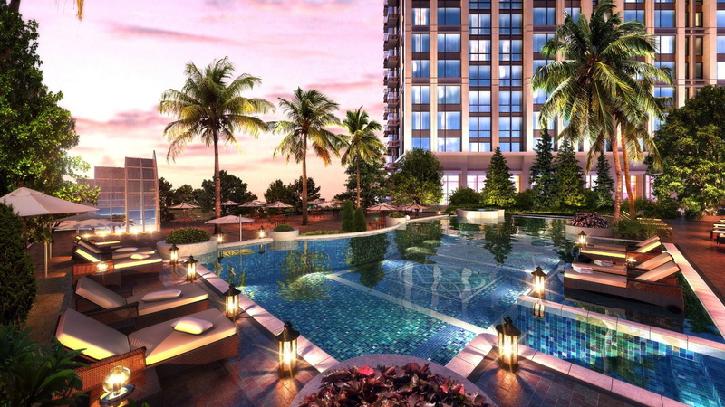 swimming pool, plant, water, building exterior, pool, tourist resort, tropical climate, leisure, no people, real estate, 1080P, tree, resort, outdoors