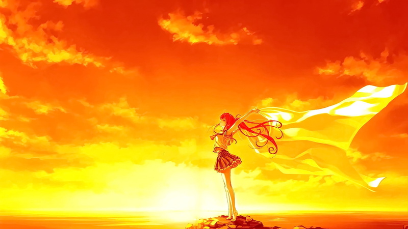 clouds, anime girls, sunset, one person, casual clothing, 1080P, anime, burning, Deep Blue Sky and Pure White Wings, warning sign, holding, sky, young adult