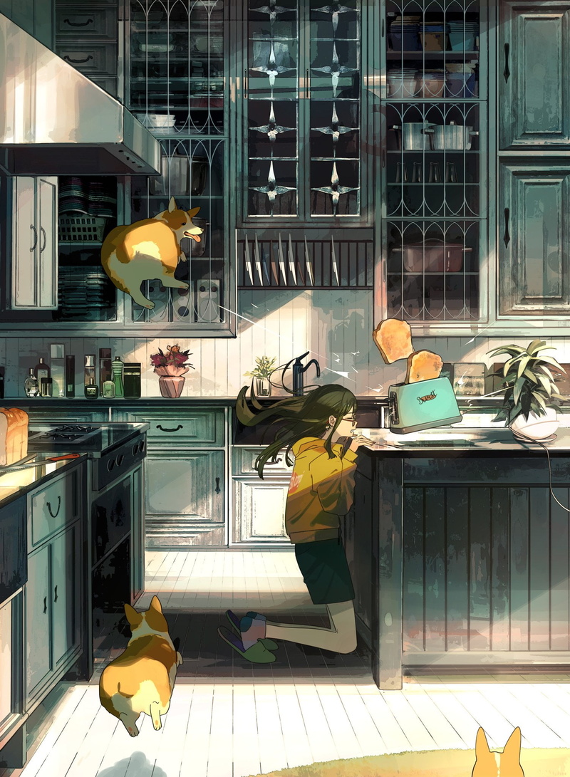 toast, 1080P, brunette, wind, anime, bread, toaster, dog, kitchen