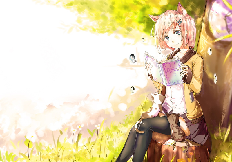 short, anime girls, anime, 2900x2030, girls, hair, character, book, short hair, female, nekomimi, 2K