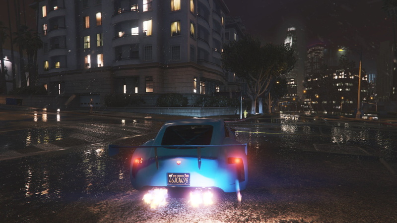 motor vehicle, illuminated, transportation, door, water, outdoors, black, architecture, rain, city, land vehicle, Grand Theft Auto V, built structure, wet