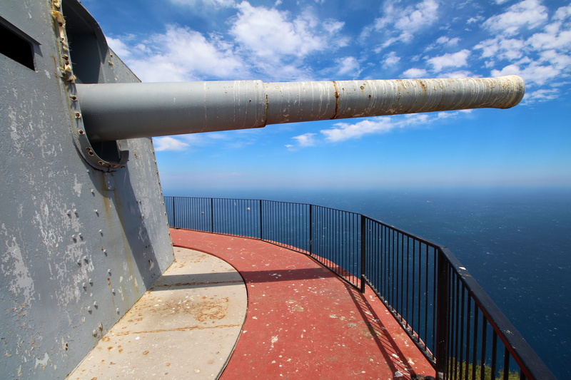 weapon, 5K, gibraltar, built structure, mediterranean, blue, cloud - sky, sky, cannon, railing, architecture, british, metal, sunlight, no people, gun