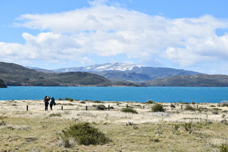 torres del paine, grass, mountain panorama, people, environment, backpackers, outdoors, beauty in nature, non-urban scene, plant, 5K, lago grey, two people