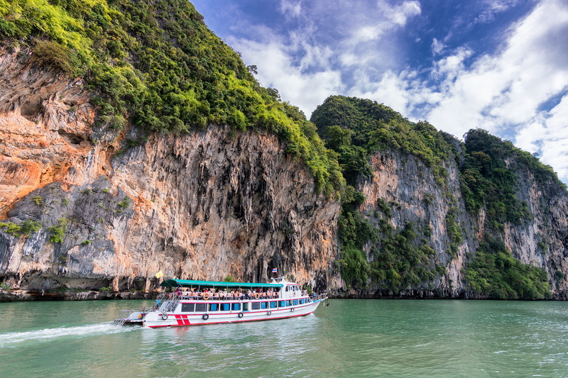tree, journey, idyllic, natural, trees, passenger craft, boat, water, thailand, formation, outdoor, outdoors, clouds, tourism, beautiful, landscape, transportation