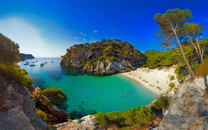 boats, Menorca, rocks, 1080P, sea, Bay, beach, yachts, Spain, Macarelleta