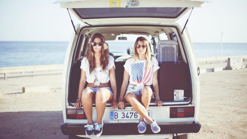 front view, 1080P, outdoors, beach, leisure activity, jean shorts, road trip, lifestyles, white, short, young women, Volkswagen, casual clothing, full length