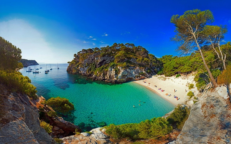 Ocean, Cliff, Photography, Rock, 1080P, Spain, Tree, Menorca, Yacht, Turquoise, Boat, Beach