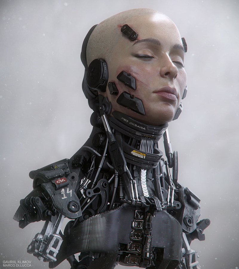 one person, machine, young adult, nature, portrait, studio shot, snowing, front view, illustration, robot, gray, looking, indoors, storm, klimov, human body part