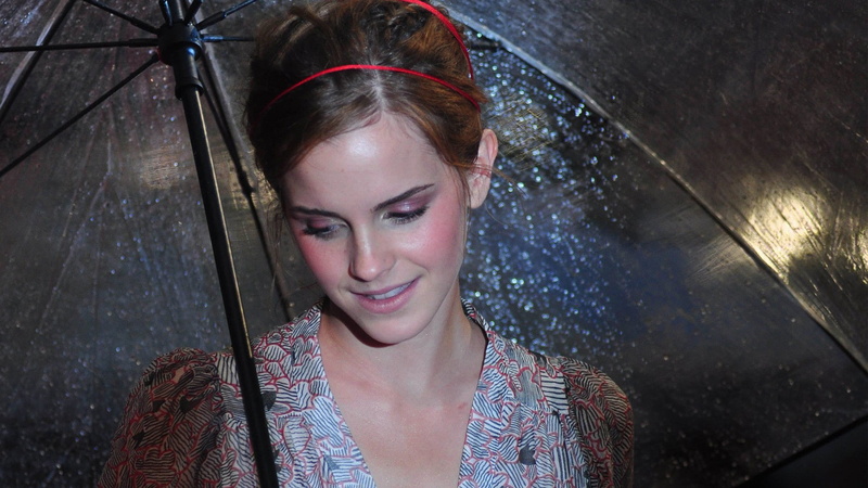 celebrity, umbrella, Emma Watson, nightlife, hair, rain, young adult, indoors, brunette, actress, hairstyle, emotion, young women, headshot, beauty, lifestyles