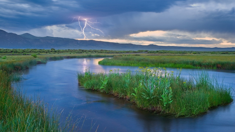 marsh, nature, non-Urban Scene, thunder-storm, water, cloudy, pond, mountain, tranquil scene, 1080P, green Color, swamp, cloudscape, power in nature, sky