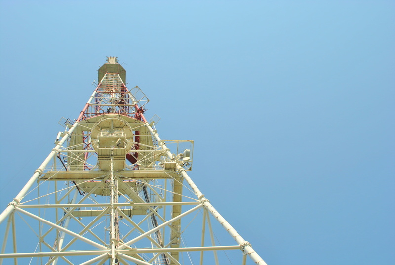 metal, global communications, low angle view, clear sky, sky, lwów, architecture, blue, wether, amusement park, ferris wheel, outdoors, white, tower, no people