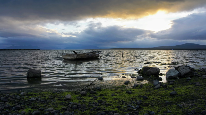 row boat, cloud - sky, puerto natales, 5K, land, water, rock, transportation, solid, sunset, lake, day, scenics - nature, sea, sky, beach, nautical vessel