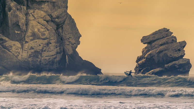 human, water, 5K, person, sunset, sports, surfboard, sea waves, eroded, non-urban scene, land, cliff, scenics - nature, no people, stack rock, morro rock