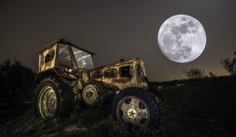 sky, nature, mode of transportation, field, land vehicle, geometric shape, transportation, tractors, landscape, scenics - nature, full moon, 1080P, planetary moon