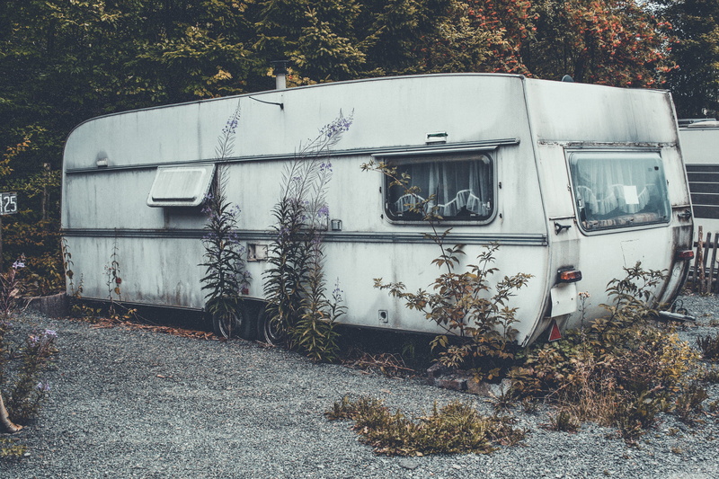 mode of transportation, growth, built structure, damaged, transportation, land, green, texture, tree, run-down, plant, behind, trailer, outdoors, architecture