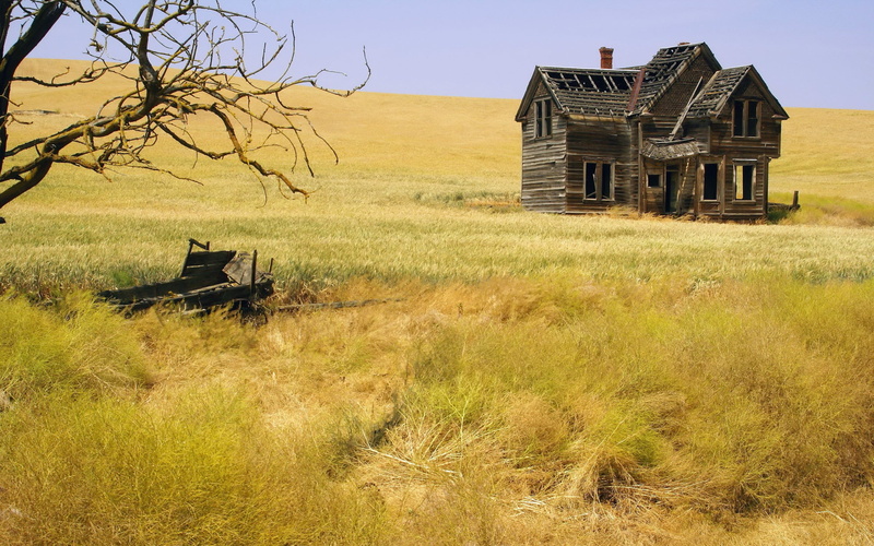 house, building, agricultural building, abandoned, bad condition, field, built structure, concrete, prairie, deterioration, the past, sky, building exterior