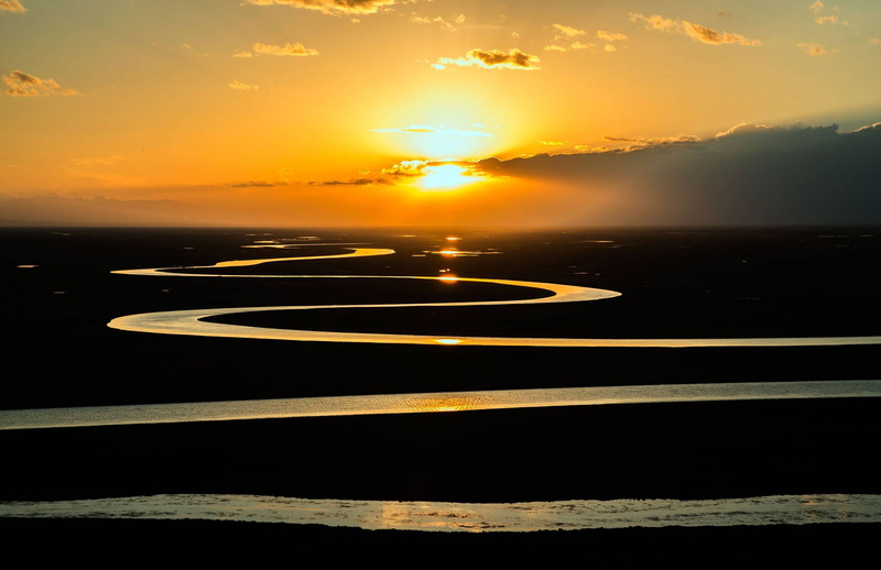 nature, 1080P, river, prairie, sunset, curved, stream, sunrise