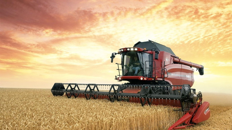 car, case, combine harvester, sky, 1080P, agriculture, field, outdoors, sunset, harvesting, land vehicle, plant, crop, fall, land, landscape, environment