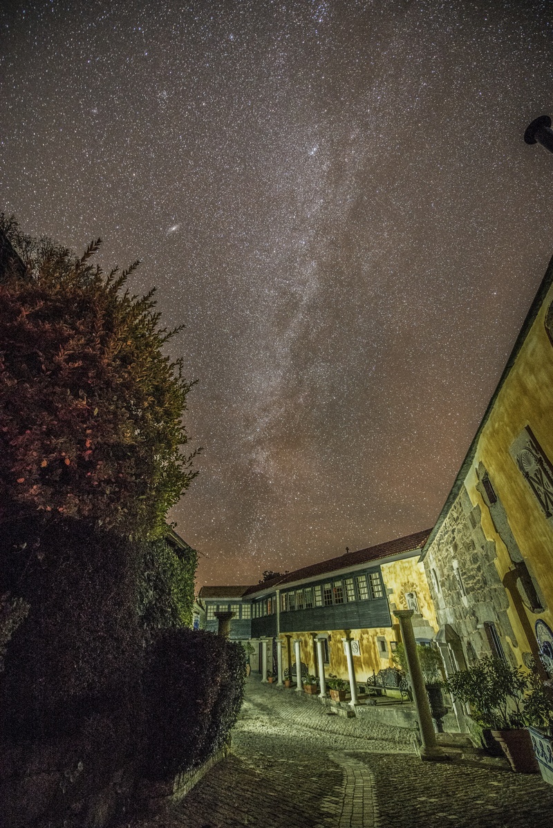 firmament, star field, sky, house, galicia, outdoors, nature, stately, tree, night, milky way, 5K, space and astronomy, space, low angle view, no people