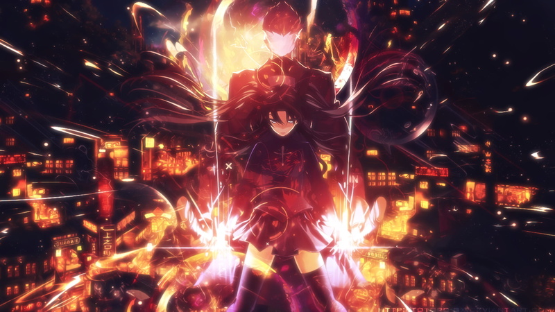one person, blurred motion, Fate Series, night, front view, glowing, light, abstract, illuminated, lighting equipment, Rin Tohsaka, motion, celebration