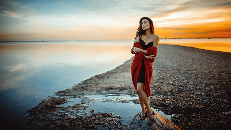 sunset, red coat, model, women, women outdoors, black dress, brunette, 1080P, nature, women on beach