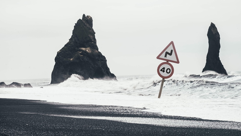humor, road, mountain, black sand, beach, splashes, mist, sign, rock, rock - object, waves, 1080P, scenics - nature, day, communication, beauty in nature