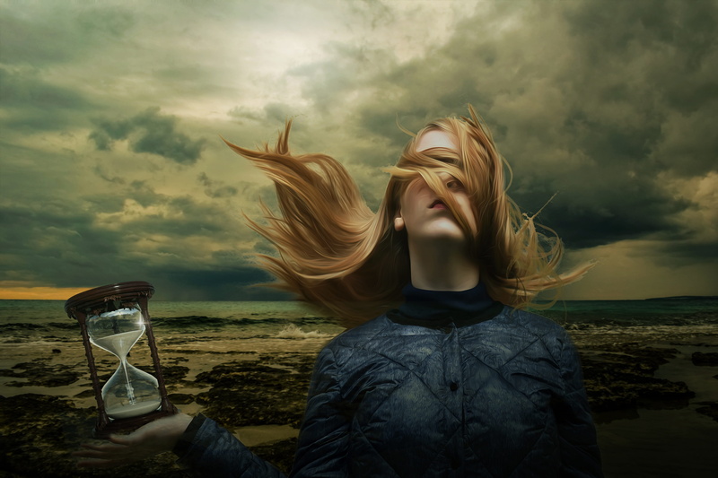 hourglass, girl, glass, storm, portrait, women, photo, mysterious, outdoors, hair, sky, 4K, mystery, cloud - sky, blond hair, hairstyle, digital composite