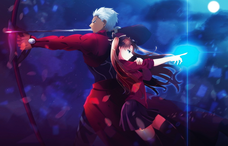 sky, night, ggok, clouds, arrows, moon, 1080P, guns, jeran, bows, girl, fate / stay night, archer, Art, anime, magic, tohsaka rin
