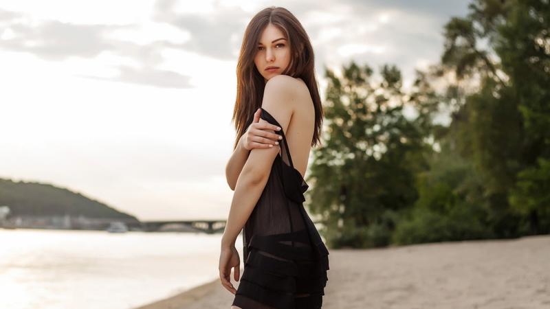 bridge, young women, water, women, adult, brunette, hairstyle, river, trees, nature, fashion, bare shoulders, clouds, long hair, three quarter length, black dress