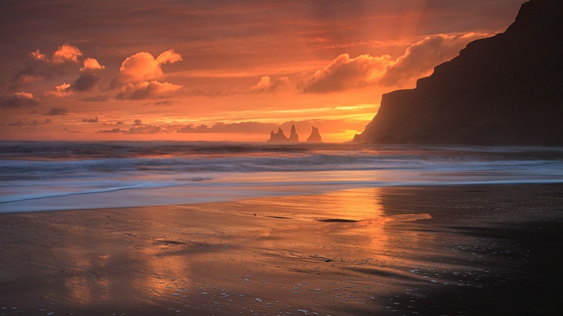 sand, Iceland, glowing, sun rays, rock, sunset, 1080P, landscape, nature, clouds, vik, island, waves, sea, beach