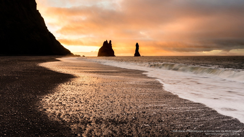 sunrise, stacks, Islands, 2K, vik, near, rock, reynisdrangar, south, iceland