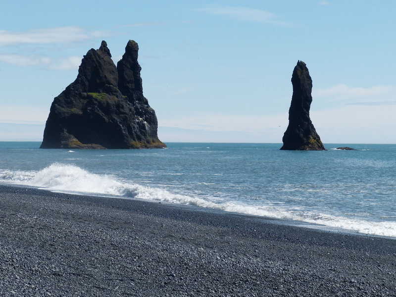 stack rock, eroded, no people, sea, cliff, rock formation, rock - object, sky, sand, beach, lava, landscape, solid, tranquility, nature, vik, rock formations