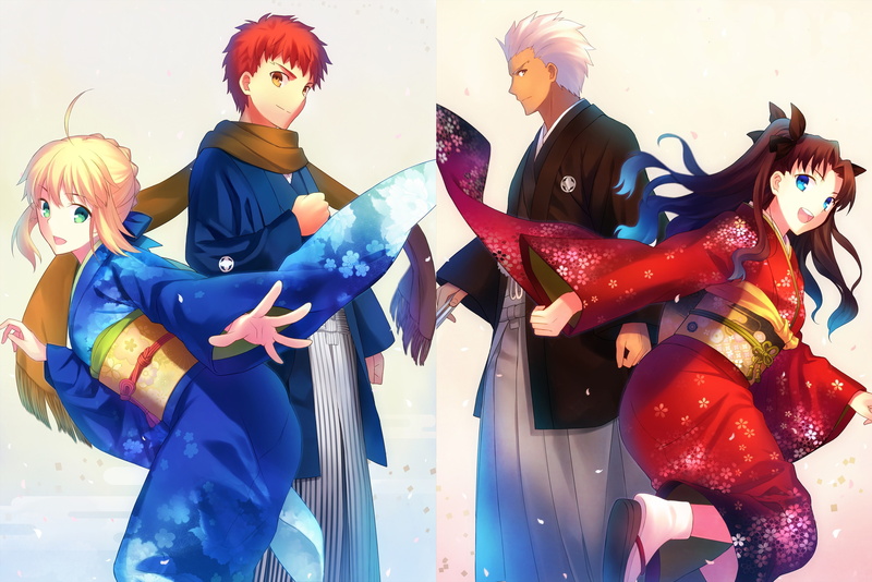 Fate Series, Anime Girls, Tohsaka Rin, kimono, Archer (Fate Stay Night), Shirou Emiya, 5K, Saber
