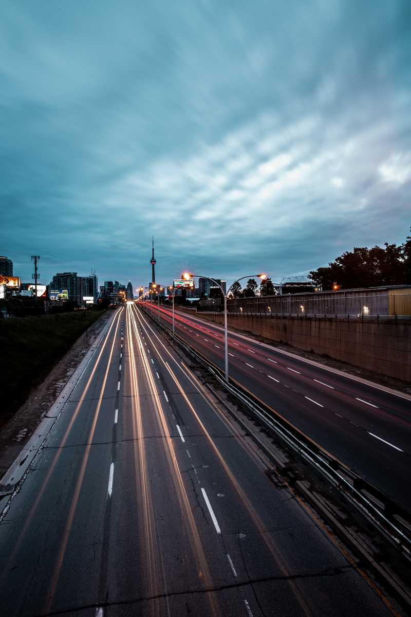 evening, vanishing point, city, dusk, 5K, sky, diminishing perspective, nature, track, rail transportation, motion, transportation, road, mode of transportation
